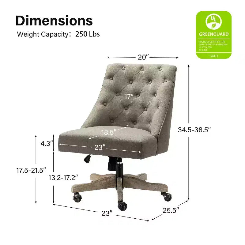 Chaise de bureau en velours avec dossier capitonné et piètement en bois massif, pivotante et réglable en hauteur