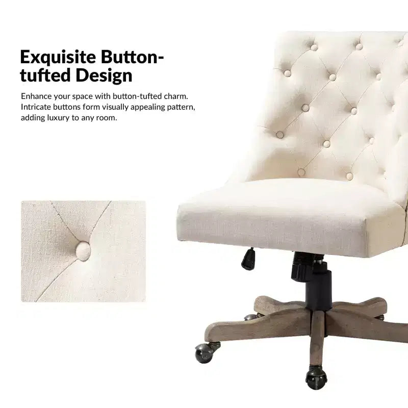 Chaise de bureau en velours avec dossier capitonné et piètement en bois massif, pivotante et réglable en hauteur