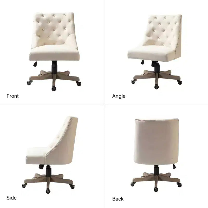 Chaise de bureau en velours avec dossier capitonné et piètement en bois massif, pivotante et réglable en hauteur