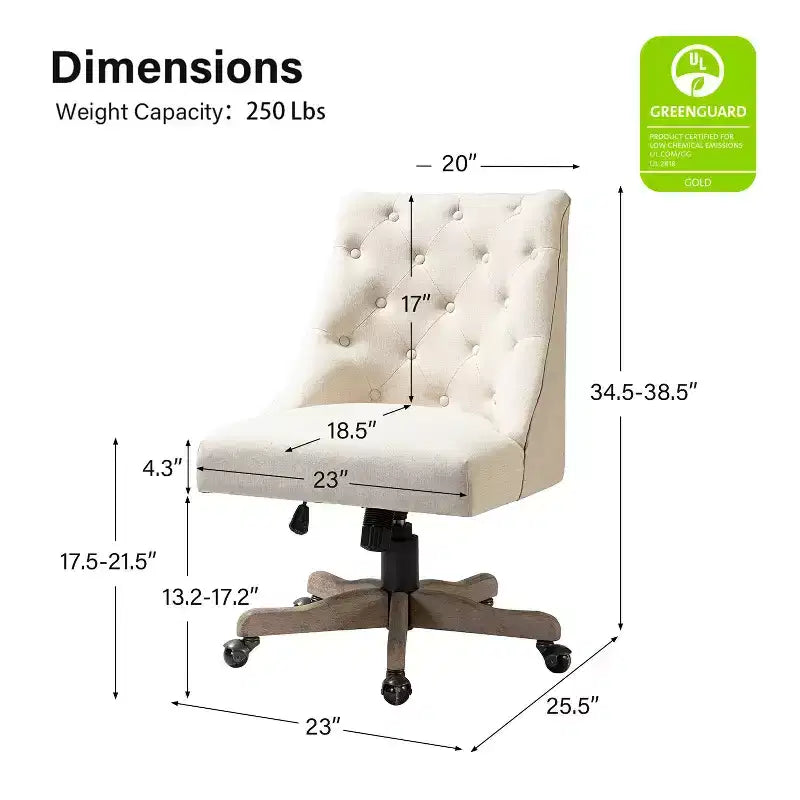 Chaise de bureau en velours avec dossier capitonné et piètement en bois massif, pivotante et réglable en hauteur