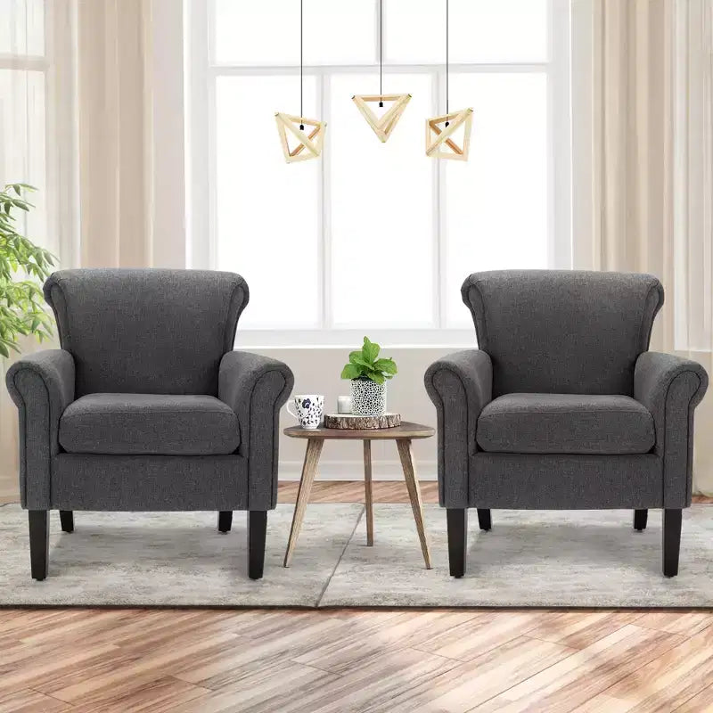 Lot de 2 chaises d'appoint rembourrées en tissu avec pieds en bois d'hévéa, gris foncé/gris clair